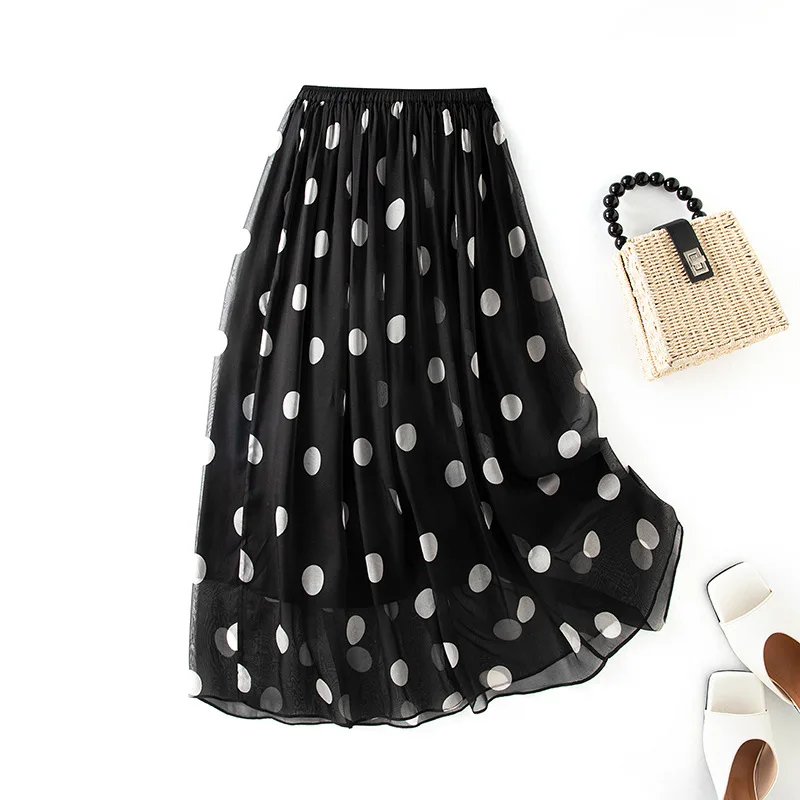 Birdsky, 1PC Women summer skirt skirts polka dot double layers 100% real mulberry silk georgette Black, S-1057