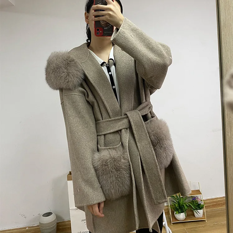 2023 Woolen fur,New  Women\'s Hooded Wool Coat With Real Fur Collar New Winter Female Oversize Belted Cardigan Outerwear With Poc