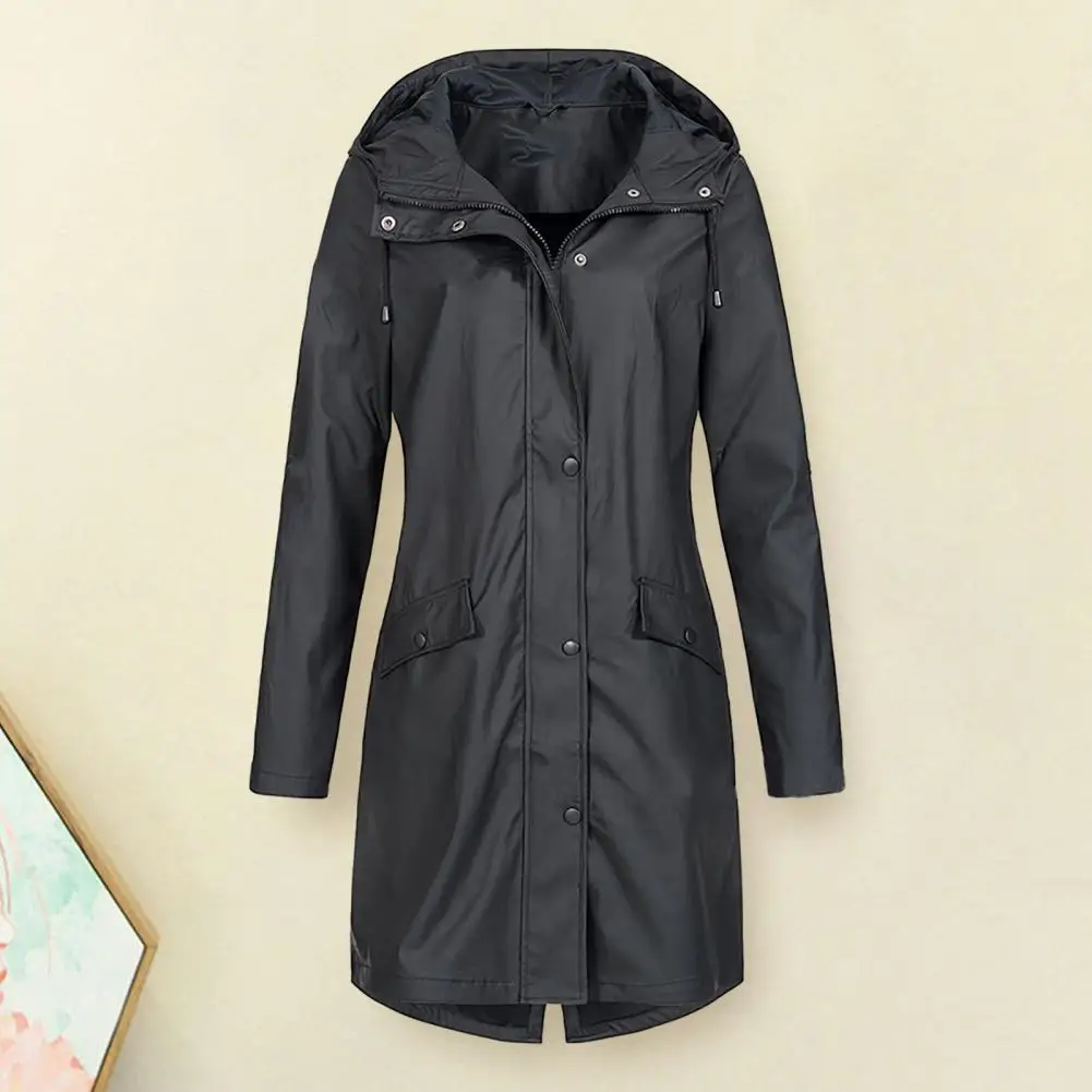 Women Autumn Winter Trench Coat Hooded Drawstring Long Sleeve Windbreaker Buttons Zipper Placket Pockets Mid-length Jacket Coat