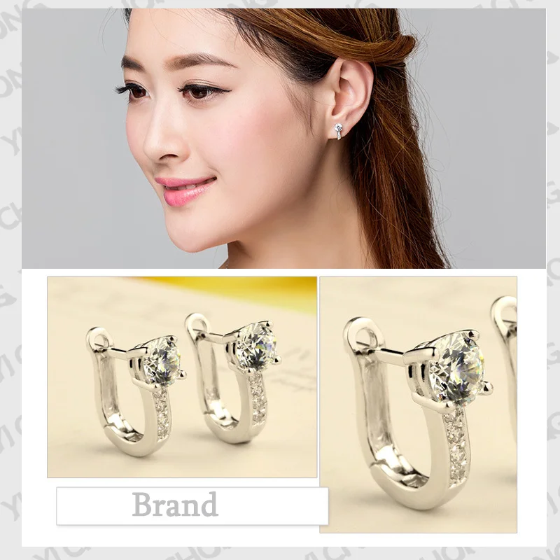 NEW U Type Zircon Earrings Silver Jewelry For Women Girl Pendientes Plata Brincos Button with S925 stamp Earrings