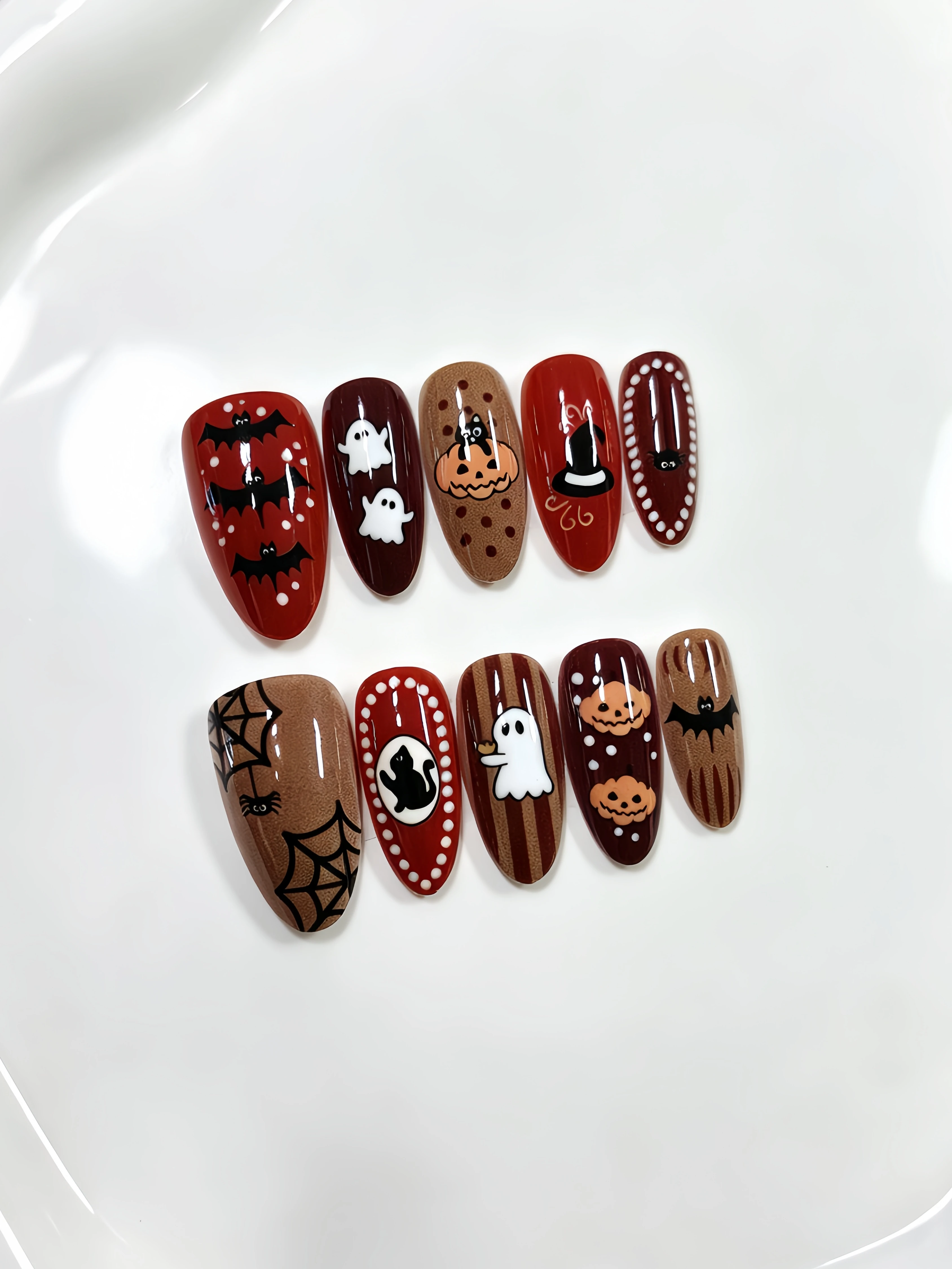 10 Almond-Shaped Caramel Pumpkin Spider Web Press-On Nails, Small Black Cat Polka Dot Bat Witch Hat Exquisite Long Fake Nails, Autumn Halloween Party Vibe Removable Reusable Press-On Nails, Spicy Sweet Cool Style Student Party Personalized Nail Stickers