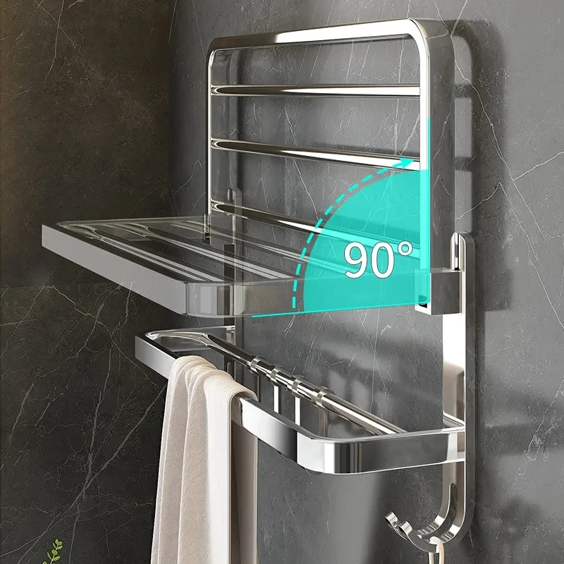 Stainless Steel Towel Rack Foldable Punching Free Bath Towel Shelf With Hooks Home Kitchen Bathroom Supplies Storage Holder