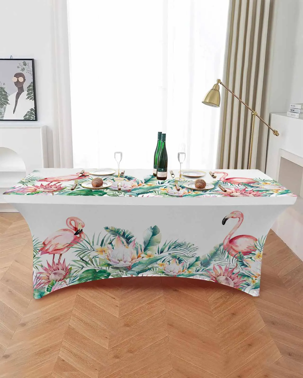 Ins Style Tropical Plants Flowers Flamingos Rectangular Elastic Table Skirt Wedding Table Cover Kitchen Dining Table Tablecloth