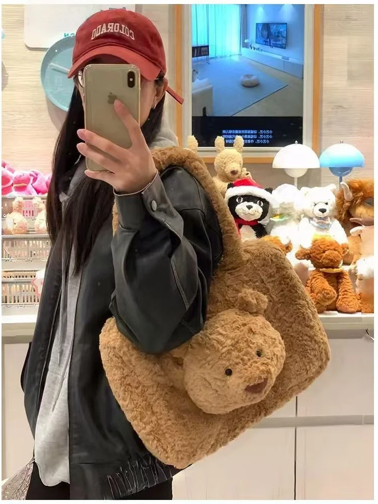 Barcelona Bear Plush Toy Backpack Large Capacity Shoulder Bag Cartoon Style Cute Bear Design Travel Hiking Camping Bag