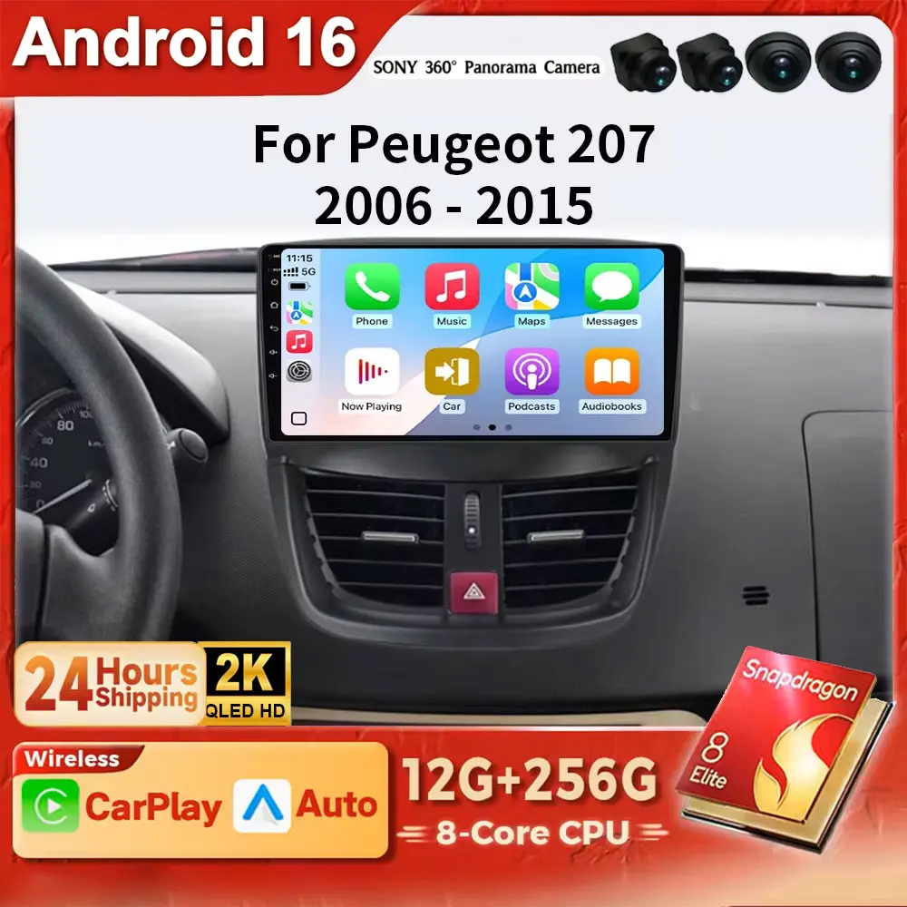 Android 16 Auto Carplay autoradio Stereo For Peugeot 207 207CC 2006 - 2015 2 din Car Radio Bluetooth Multimedia player Screen 4G