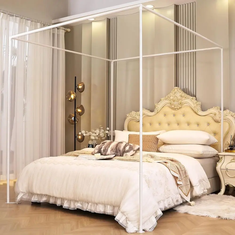 Full Size Bed Frame with Outer Support, Thickened Metal Poles & Brackets, Compatible with Metal/Wood Base or Bedroom Decor (Whit