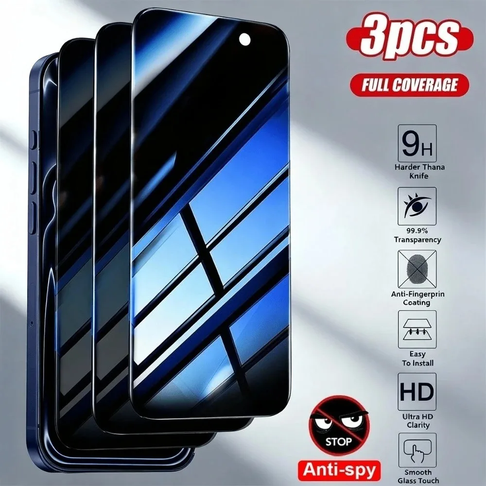 Protector de Pantalla Completo de Privacidad (3 Piezas) para iPhone 17 16 15 14 Pro Max Air 16e 15 Plus 13 12 11 Pro XR XS, Cristal Templado con Dureza 9H