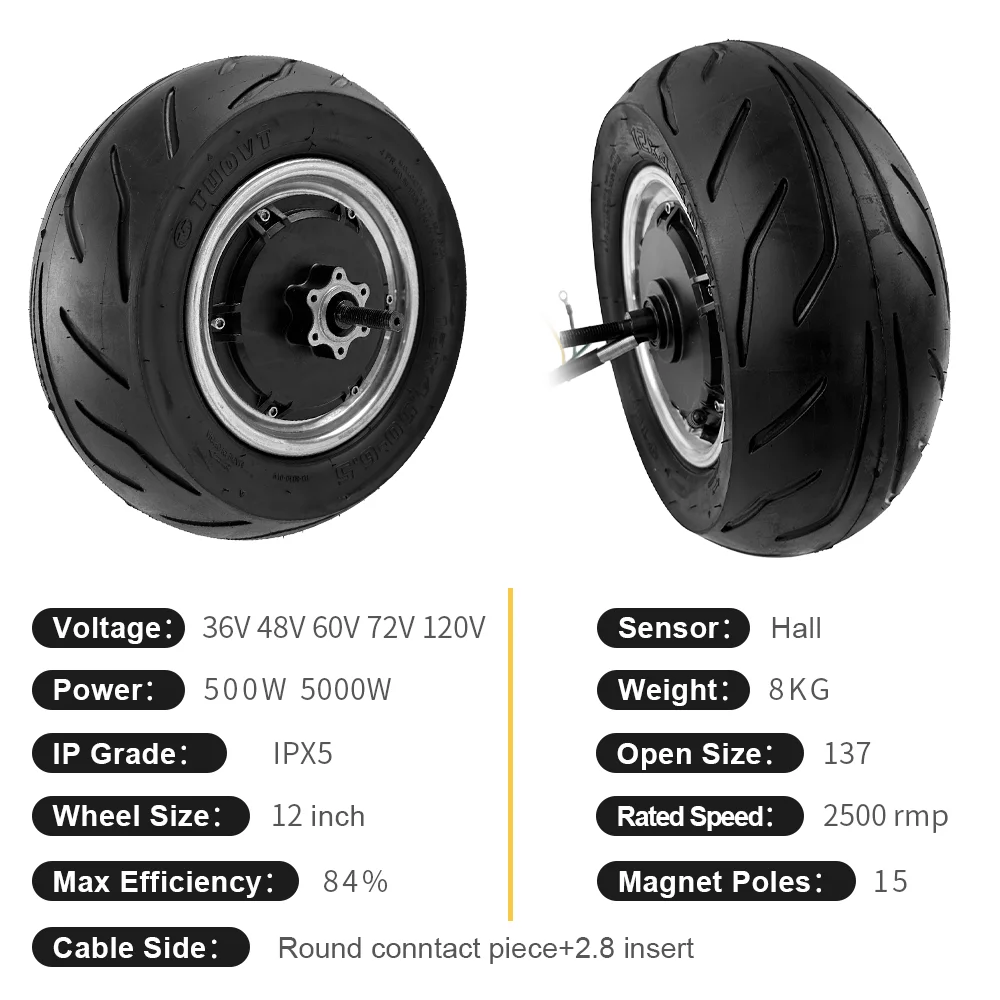 New Design 12 Inch Tubeless Tyre Electric Skateboard Wheel Gearless Hub Motor 72V 120V 5000W for Electric Scooter