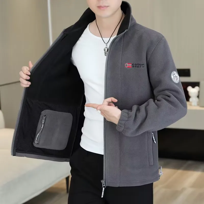 Winter Fleece Jacket Men's Casual Thickened fleece-lined Warm High Collar Polar Fleece Coat Outdoor Snow Cold-proof Velvet Parka