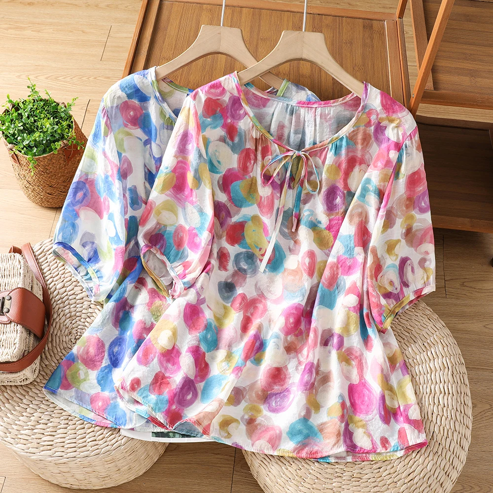 Lightweight Breathable Loose Women's T-Shirt Korean Style Floral Print Casual Shirt Ultra Thin Short Sleeve round Neck Top