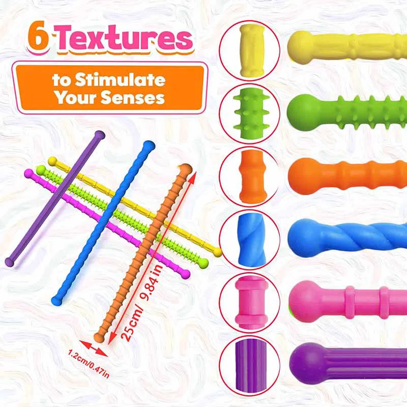 6 pcs Colorful Sensory Sticks Silicone Fidget Toys For Stress Anxiety Relief For Children Adults Learning Toys Toddlers Gifts
