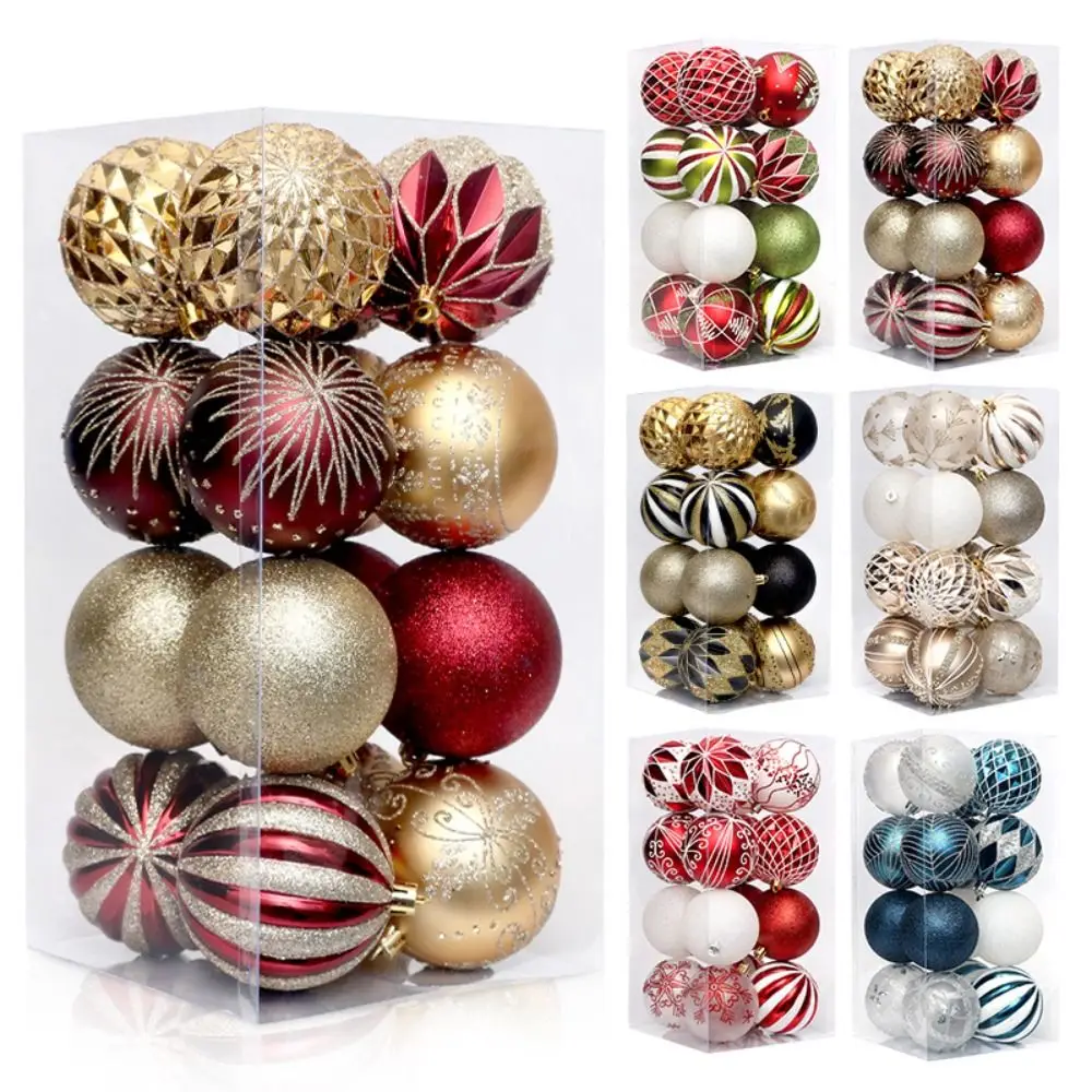 

16 Pcs 8cm Painted Christmas Balls Set Cartoon Red Black Gold Electroplated Christmas Hanging Balls DIY Plastic