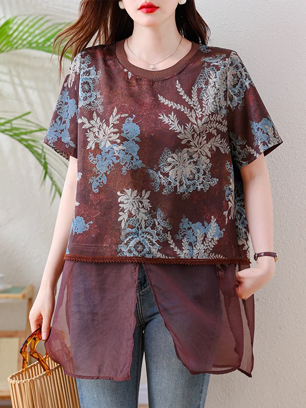 

New Chinese Style Printed Patchwork Silk Women's T-Shirt Short Sleeve Midi Length Summer 2026 Fashionable Casual Shirt