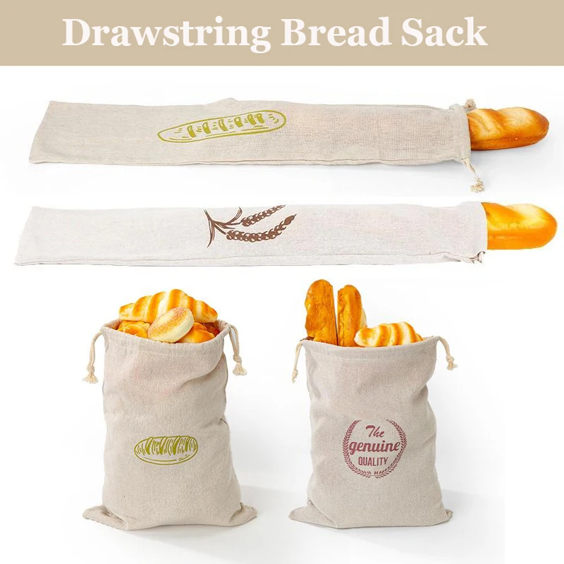

French Stick Bread Storage Bag - Reusable Rustic Linen Bread Pouch Large Drawstring Bread Sack for Bakeries