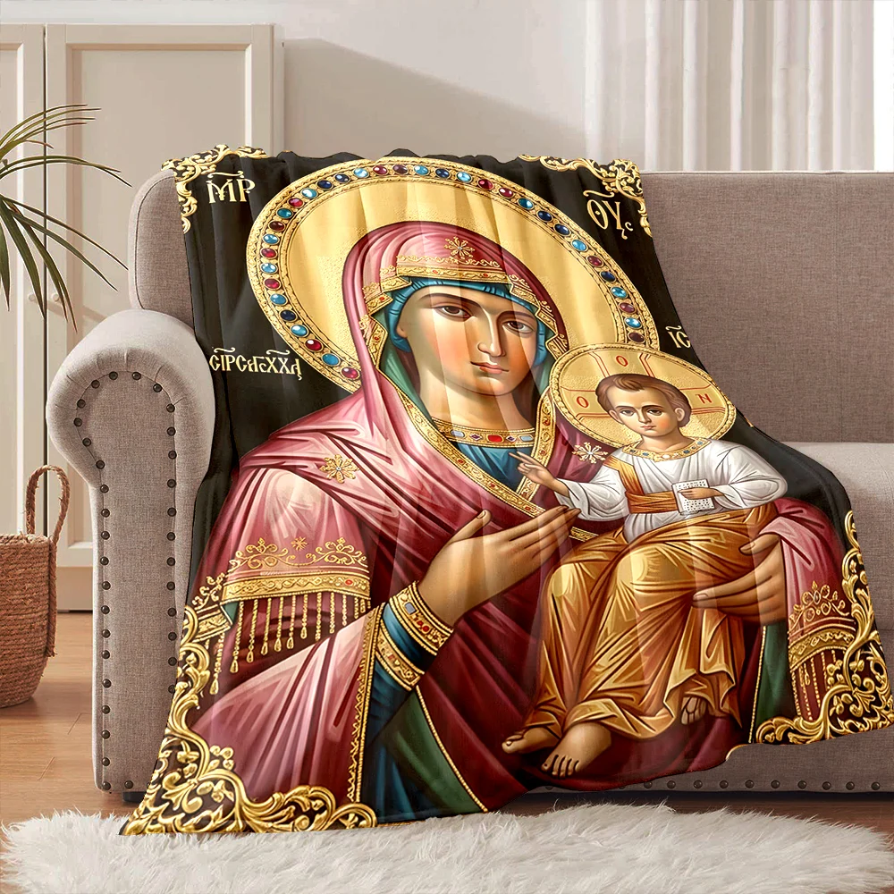 1PC Religious icon mother and child Faith-printed Flannel Blanket Soft and Warm Suitable for Home Travel Picnics Camping RV