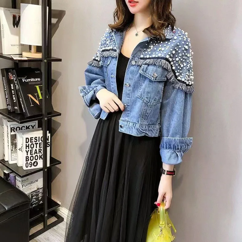 

Streetwear Denim Jacket Hand-studded Pearls Punk Tassel Veste Women Loose Short Jeans Coats Korean Harajuku 2022 Autumn Top