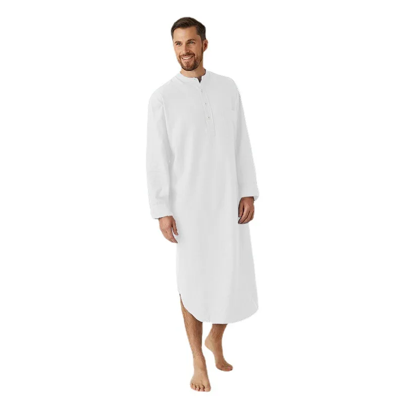 Muslim Robe Men\'s Nightgown Long Sleeve Button Solid Color Arabian Shirt