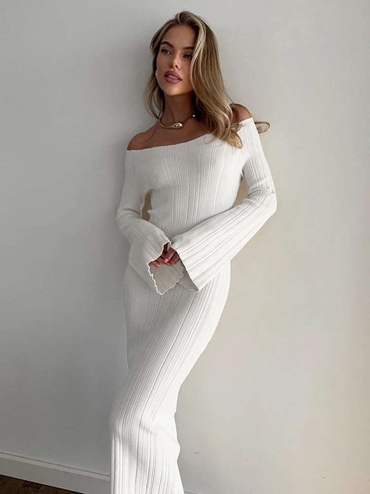 TARUXY Knit Long Sleeve Slim Dress For Women Elegant One-Shoulder Sexy Long Gown Dresses Solid Rib Sweater Dress Autumn Winter