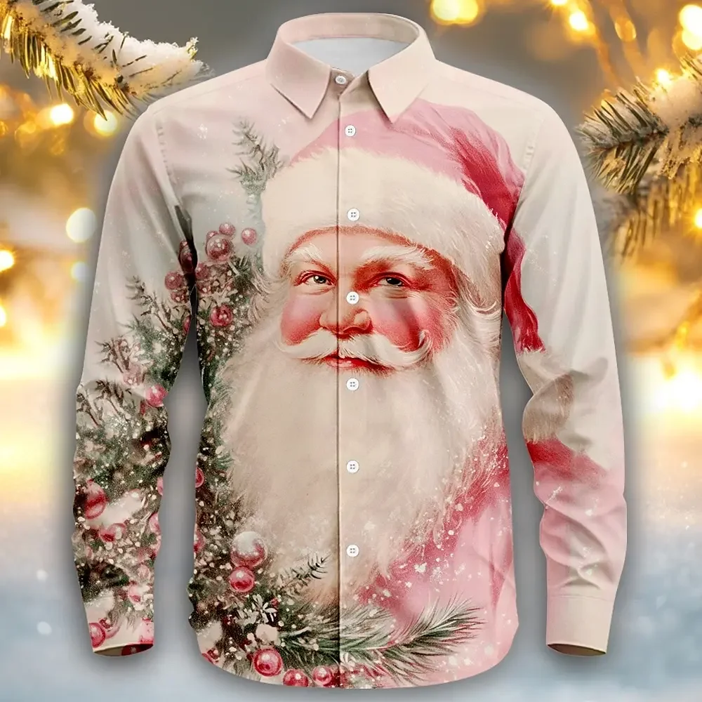 

2025 Autumn Men's Santa Claus Snowman Print Long Sleeve Shirt Holiday Casual Shirt Oversized Clothes
