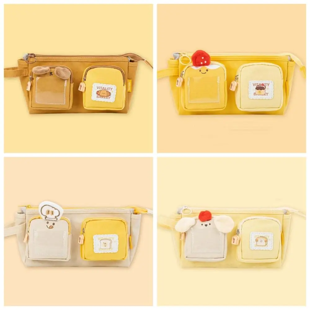Large Capacity Cartoon Canvas Pen Bag Chestnut PVC Cute Bear Pencil Pouch Portable Yellow Stationery Storage Bag