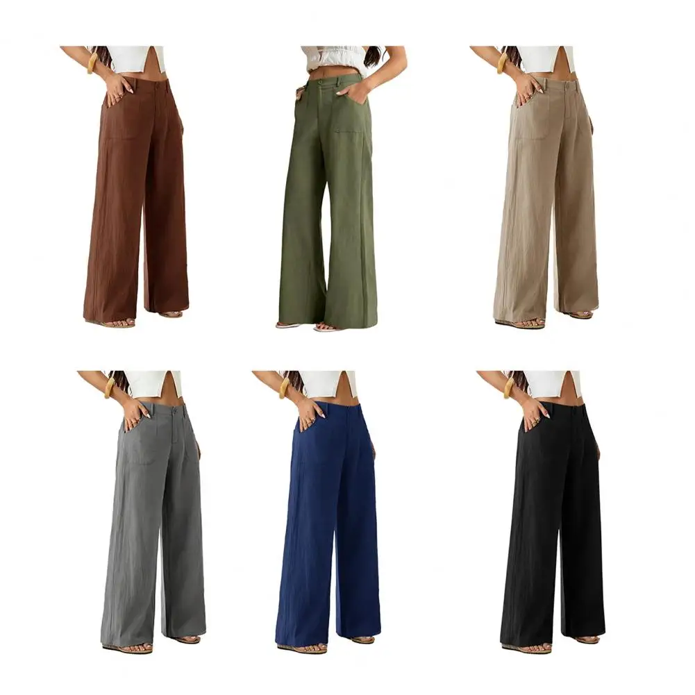 Women High Waist Linen Wide Leg Pants Double Flap Pocket Button Fly Loose Straight Trousers Casual Daily Work Bottoms MultiColor