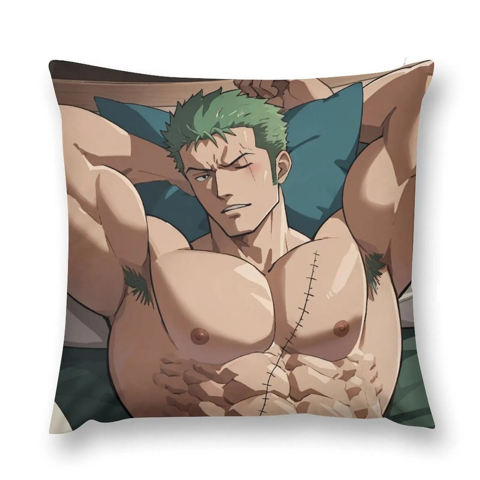 Muscular Anime Boy With Green Hair Flexing Biceps Armpits Throw Pillow bed pillows Sofa Cushions pillow