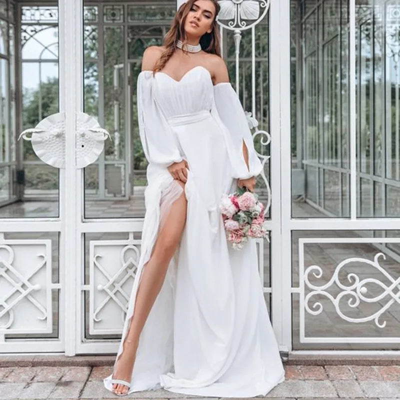 A new long-sleeved mid-waist chiffon dress for banquets