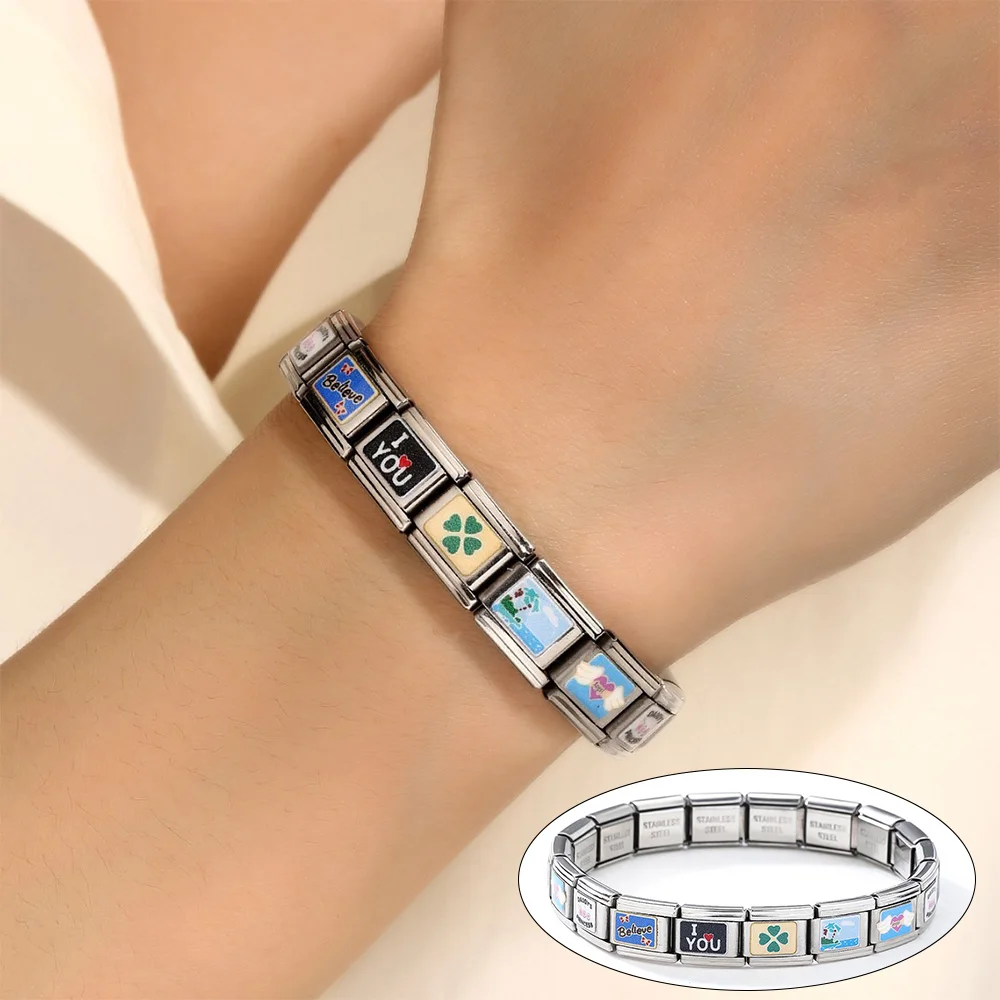 Bracelet porte-bonheur trèfle italien 9 mm en acier inoxydable, maillons modulaires palmier et bord de mer pour femmes et jeunes filles, bijou significatif, cadeau