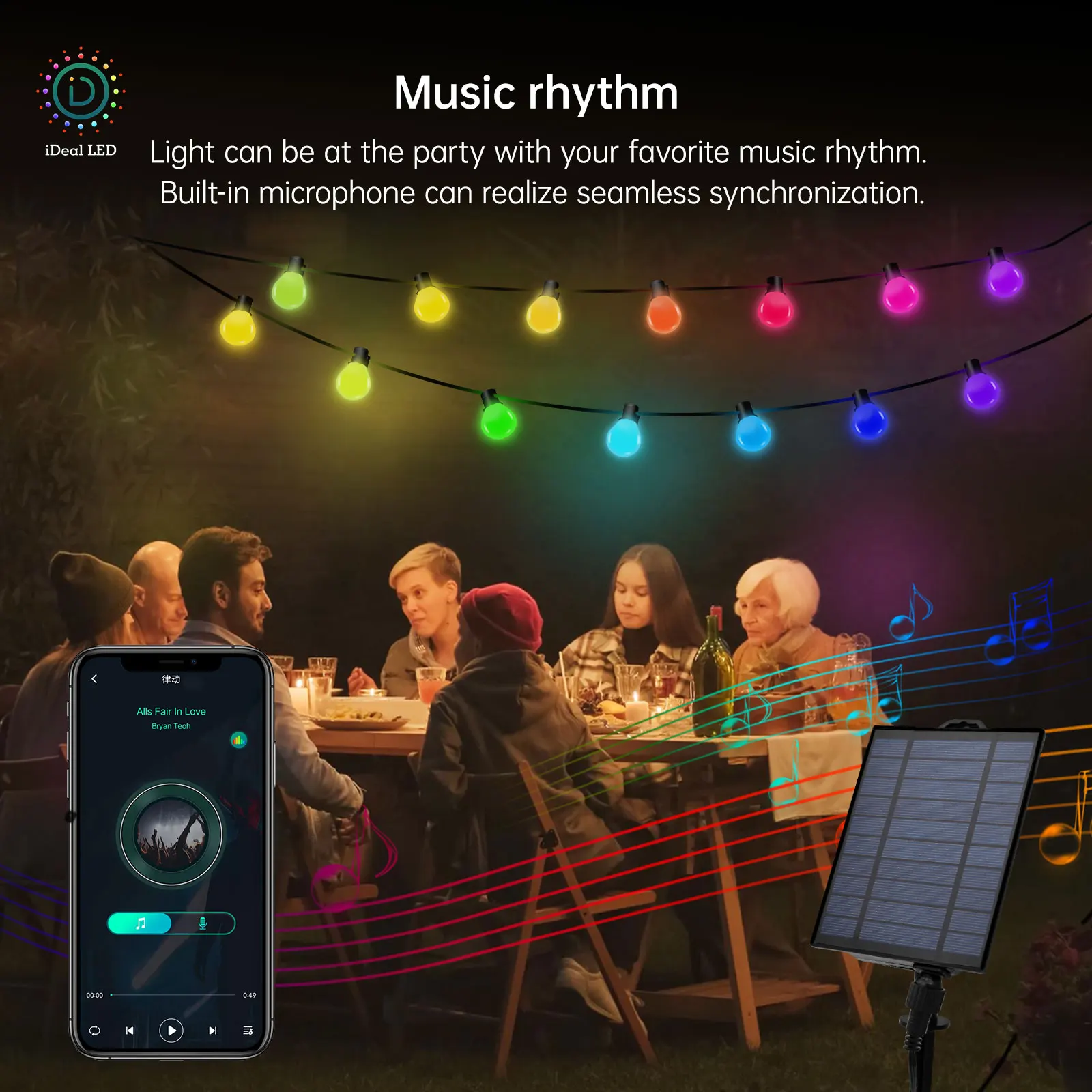 Solar Outdoor Smart String Lights,APP Control+Remote ,Color Changing String Lights with RGB G40 Led String Lights Outdoor IP65