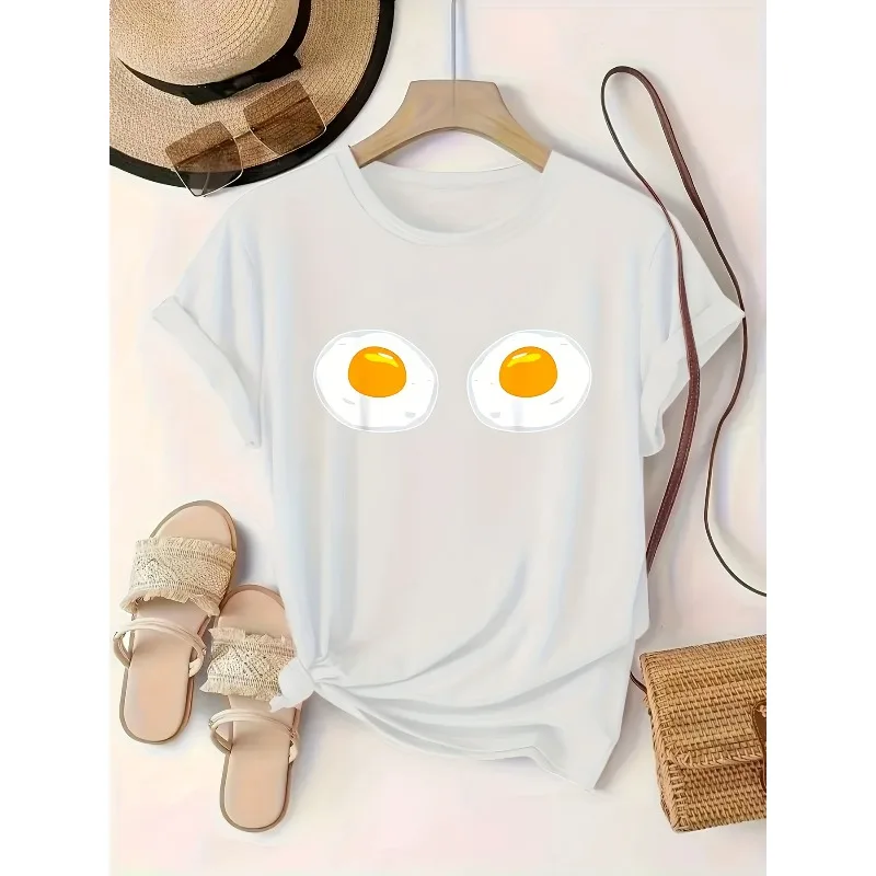 Fried Egg Pattern Pure Cotton Printed Men's and Women's Personalized Round Neck Short Sleeved New Fashionable Casual T-shirt