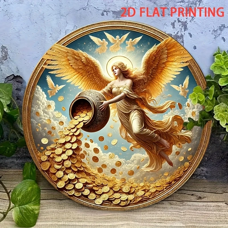 2D Retro Angel Wall Decor 8in Wooden Circular Disc Gold Coin Design Hanging Home Office Coffee Shop Artwork Money Drawing Decor