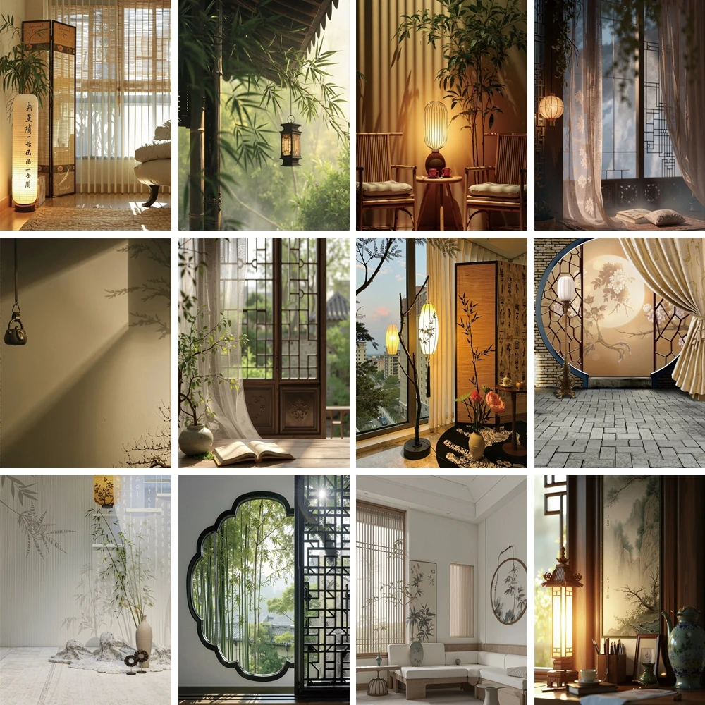 

MOON.QG Zen Style Courtyard View Backdrop Moon Gate Bamboo Groves Stone Pavement Photo Background Decor Photozone Photo Studio