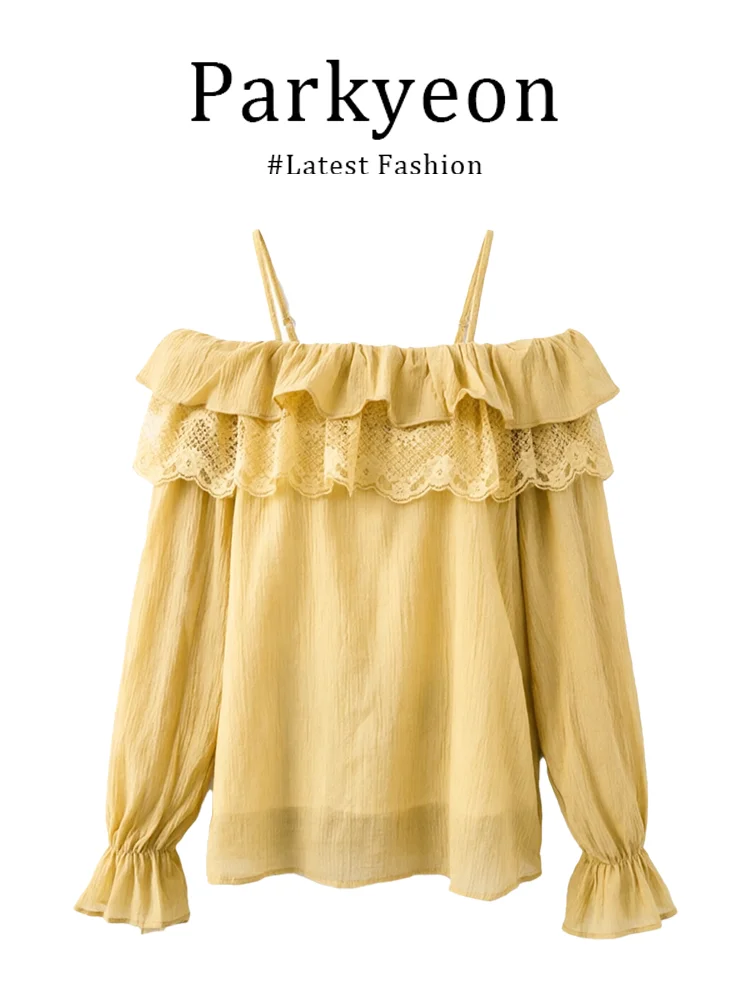 

Parkyeon Summer Fashion Patchwork Lace Trim Shoulder Bared Women's Shirt Beautiful Personality Loose Diagonal Shoulder Shirt