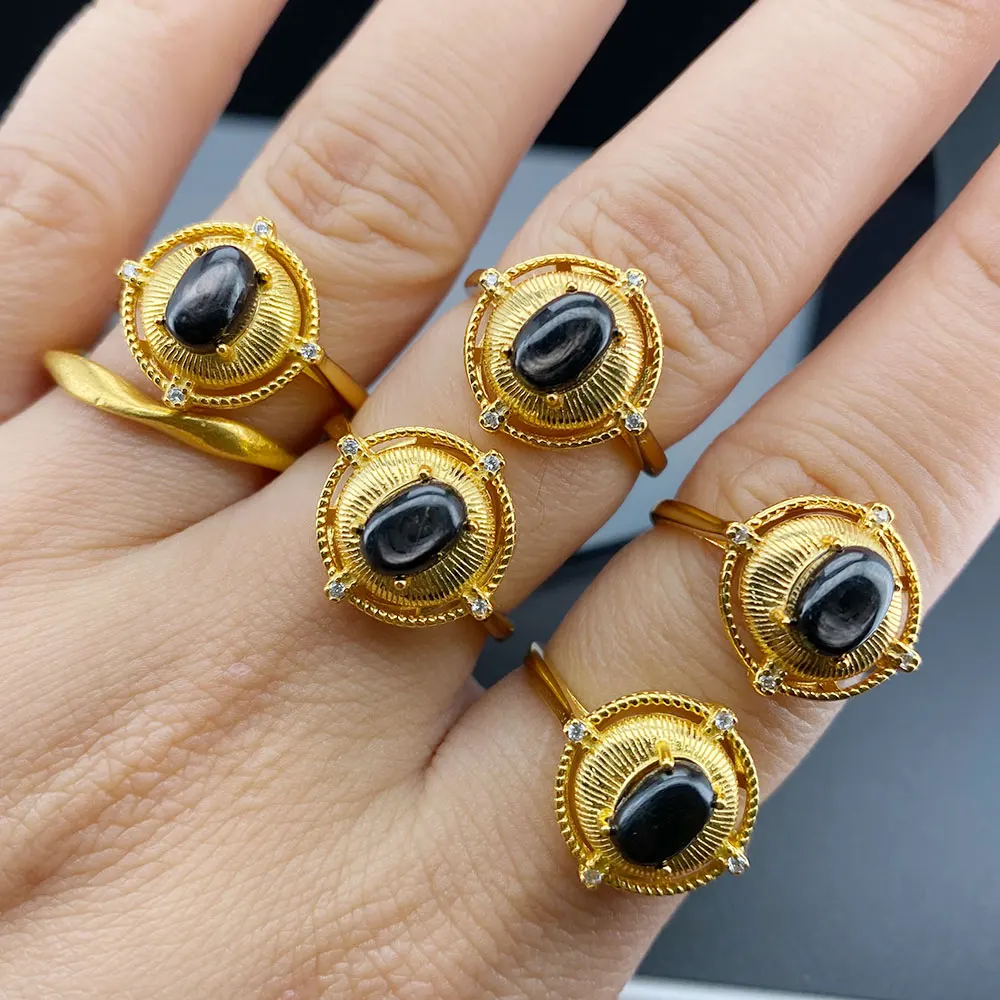 

Винтажное позолоченное кольцо из стерлингового серебра 925 пробы с кольцом из натурального обсидиана, уникальный текстурированный дизайн, роскошные ювелирные изделия, подарок для мужчин и женщин