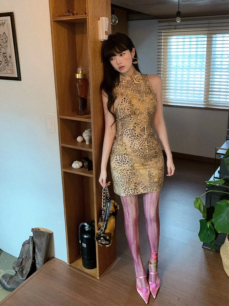 

New Chinese Sle Oriental Beau Leopard Print Improved Dr Rhinestone Svel Vest Dr Waist Cinched ort...