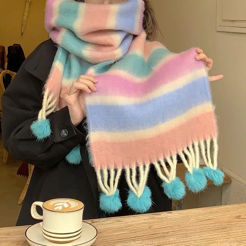 Winter Scarf for Women Colorful Striped Hairball Pashmina Scarves Wraps Female Thick Soft Bufanda Big Tassels Shawl Long Shawl