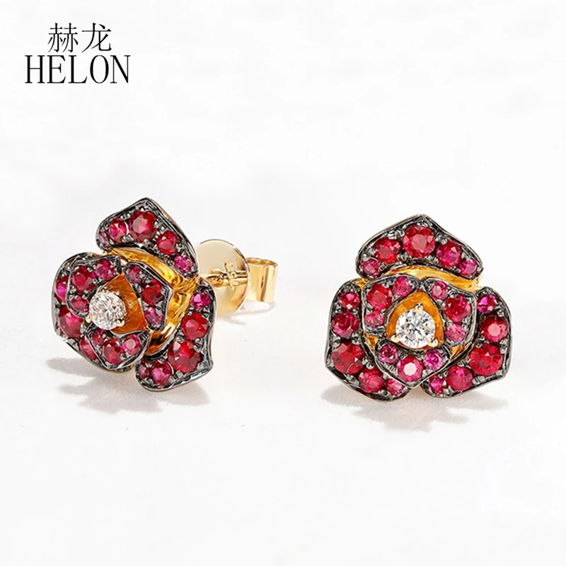 HELON Solid 18k Yellow Gold Rose Series Genuine Ruby Diamond Stud Earrings Women Gemstone Earrings Art Deco Fine Jewelry Gift