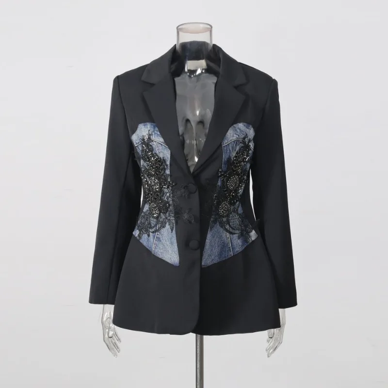 Solid Denim Lace Spliced Blazer for Women Lapel Long Sleeve Floral Applique Slim Waist Jackets Casual Office Outfit Suit-Coat