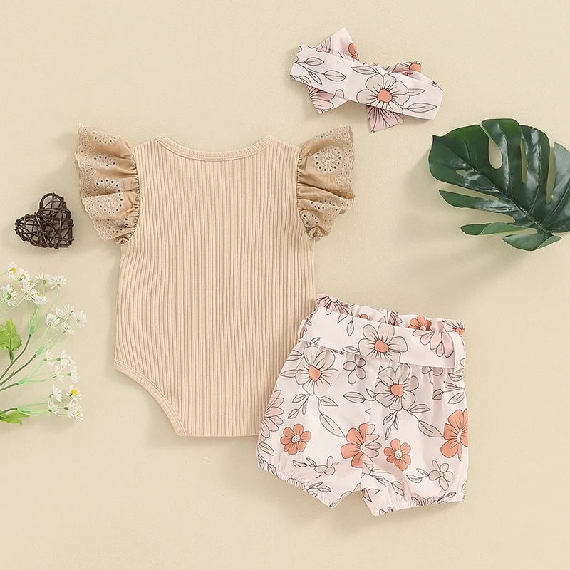 RWYBEYW Newborn Baby Girl Summer Clothes Rib Knit Bodysuit Romper Floral Shorts Headband 0 3 6 Months 3Pcs Coming Home Outfit