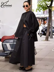 Oymimi moda preto conjunto de duas peças para mulheres casual o-pescoço manga longa botão camisas e cintura alta bolsos soltos conjuntos de calças