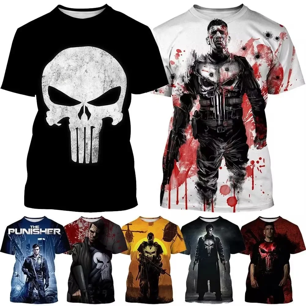Camiseta de manga corta con estampado 3D de Gunfight para hombre, camisa informal de Punisher, camiseta con personalidad, Tops de cuello redondo para niños, moda de verano