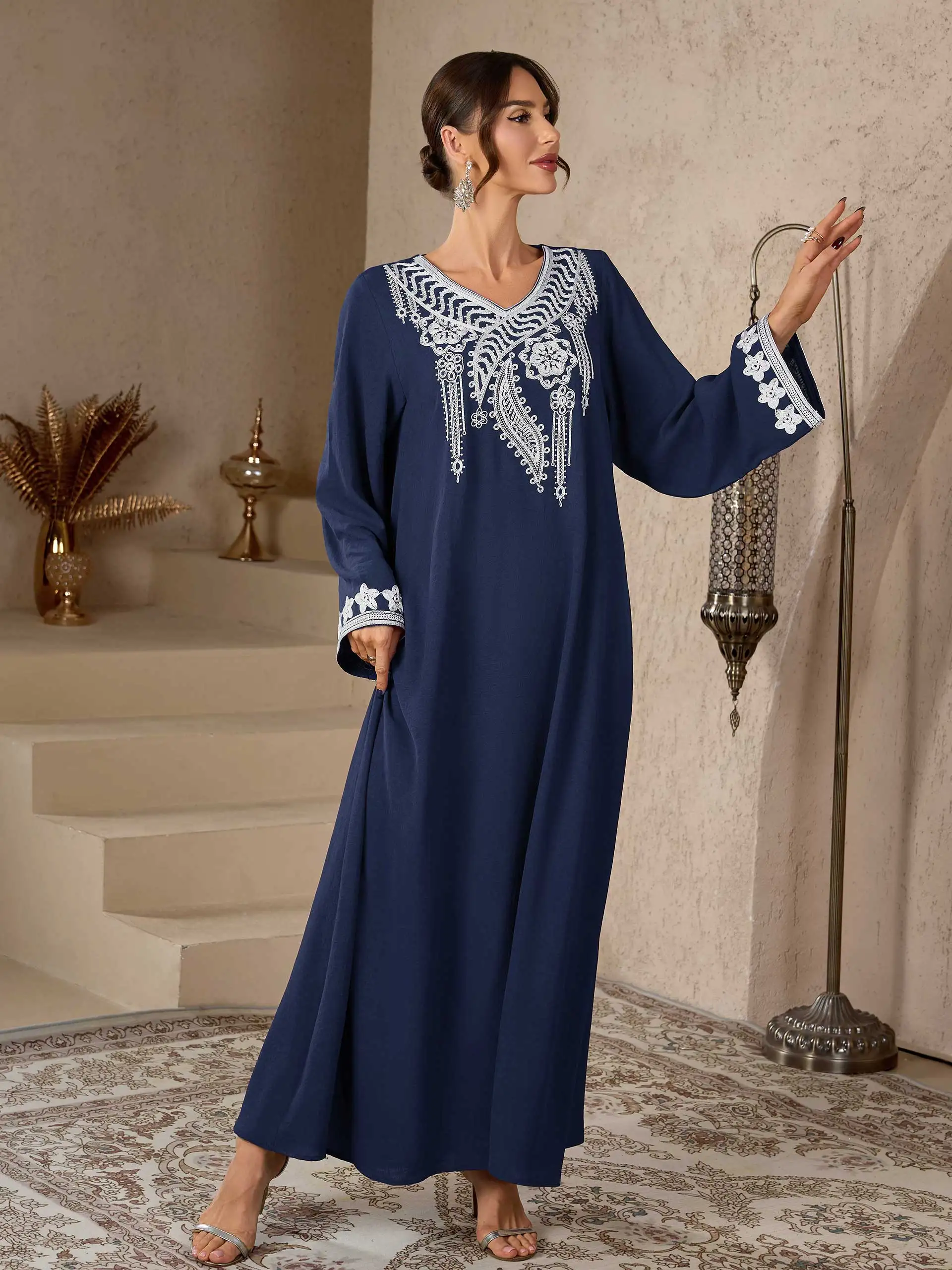 Eid Islamic Modest Abaya for Women White Floral Embroidery Navy Blue Muslim Dress 2026 Elegant Dubai V-Neck Long Sleeve Kaftan