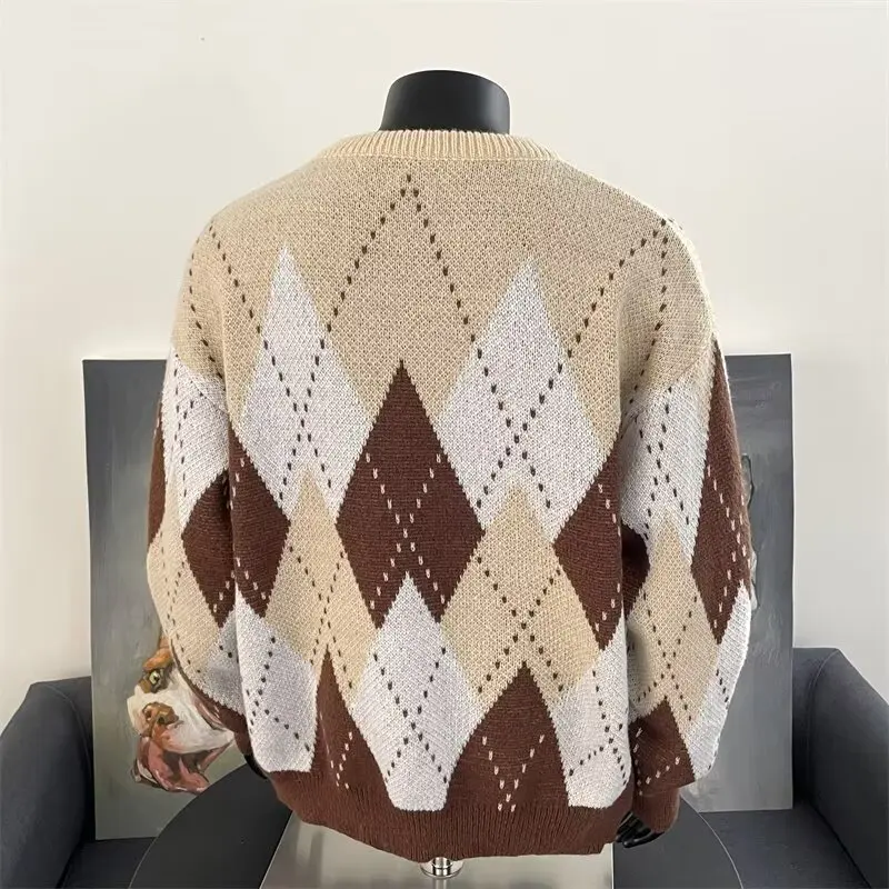 男性用チェッカーカラーブロックセーター,クラシックセーター,暖かいトップス,ファッショナブルな服,アメリカン,新しい,2020