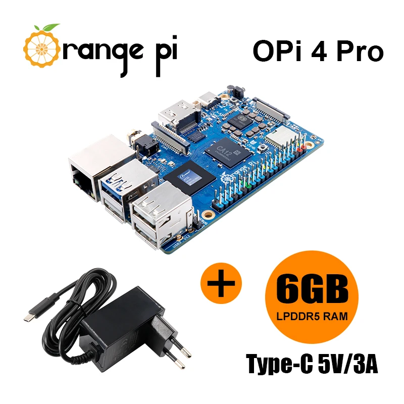 Orange Pi 4 Pro 6GB+5V3A Type-C Power Supply LPDDR5 RAM Single Board Computer 2pcs Sets Development Board Mini PC