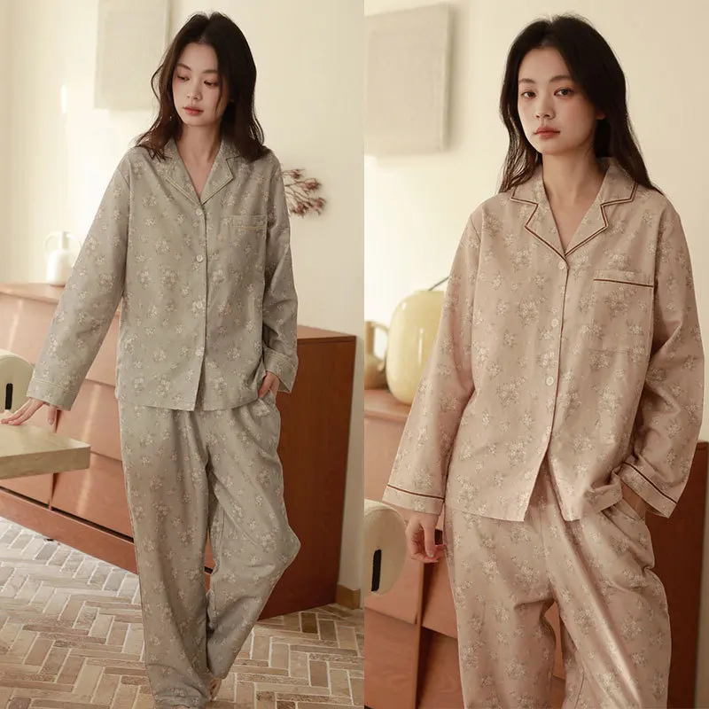 Women 100% Cotton Flannel Pajama Set Bellflower Print Soft Warm Lapel Sleepwear Contrast Piping Winter Home Loungewear