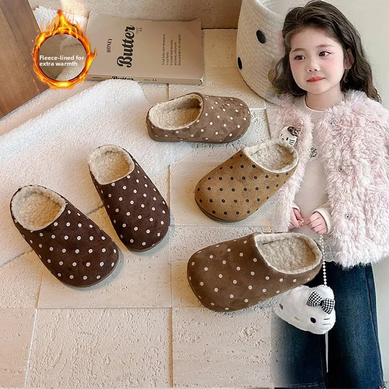 Kids Vintage Polka Dot Fuzzy Slippers Wedge Heel Plush Lined Round Toe Non Slip Warm Indoor Outdoor Winter Shoes 22-37