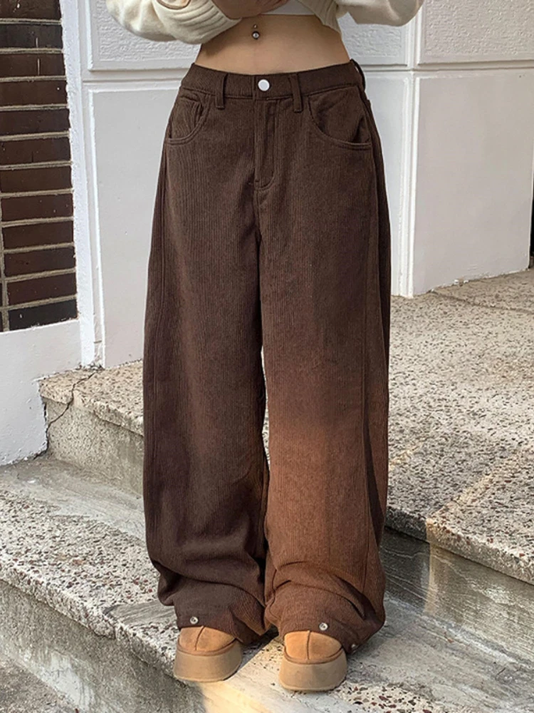 HOUZHOU Corduroy Baggy Pants Women Autumn Winter 2024 Brown Black Vintage Y2K Casual Low Waist Loose Wide Leg Pants Streetwear