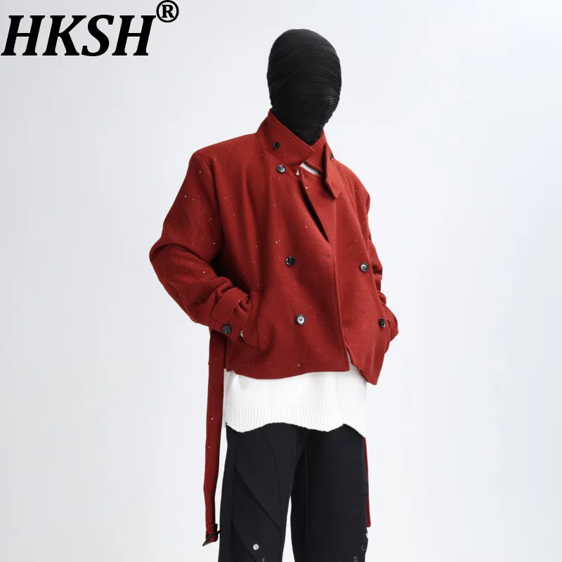 HKSH Autumn Winter New Men Niche Stand Collar Double Breasted Lace-Up Short Jacket Trend Dark Style Textured Design Coat HK16329