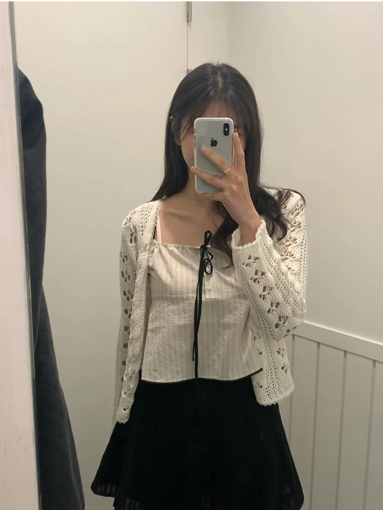 

Tannat Autumn 2025 New Women's Long Sve Thin Pure Cotton Knitted Open Cardigan Lace Hollow out Design Casual Warm Faion