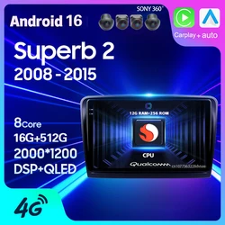 Android 15 Carplay Auto GPS For Skoda Superb 2 B6 2008 - 2015 Car Radio WIFI+4G Multimedia 2 DIN Stereo 360 Camera Video Player